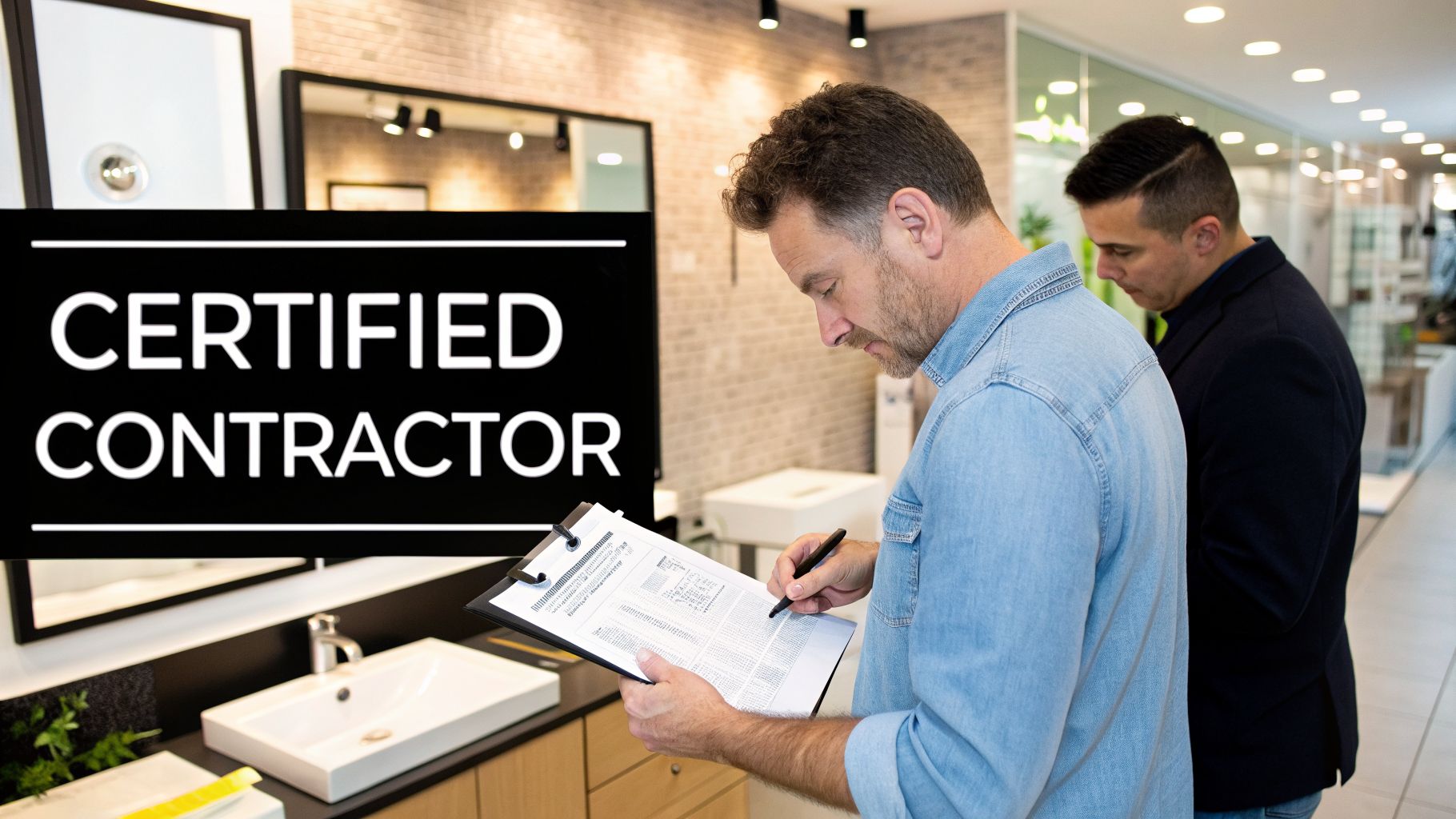 Two contractors review plans in a showroom, with a 'CERTIFIED CONTRACTOR' sign prominently displayed.