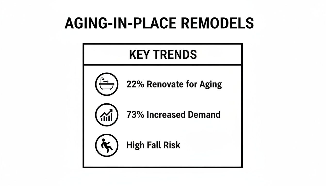 Infographic on aging-in-place remodels, highlighting key trends like renovation, increased demand, and fall risk.