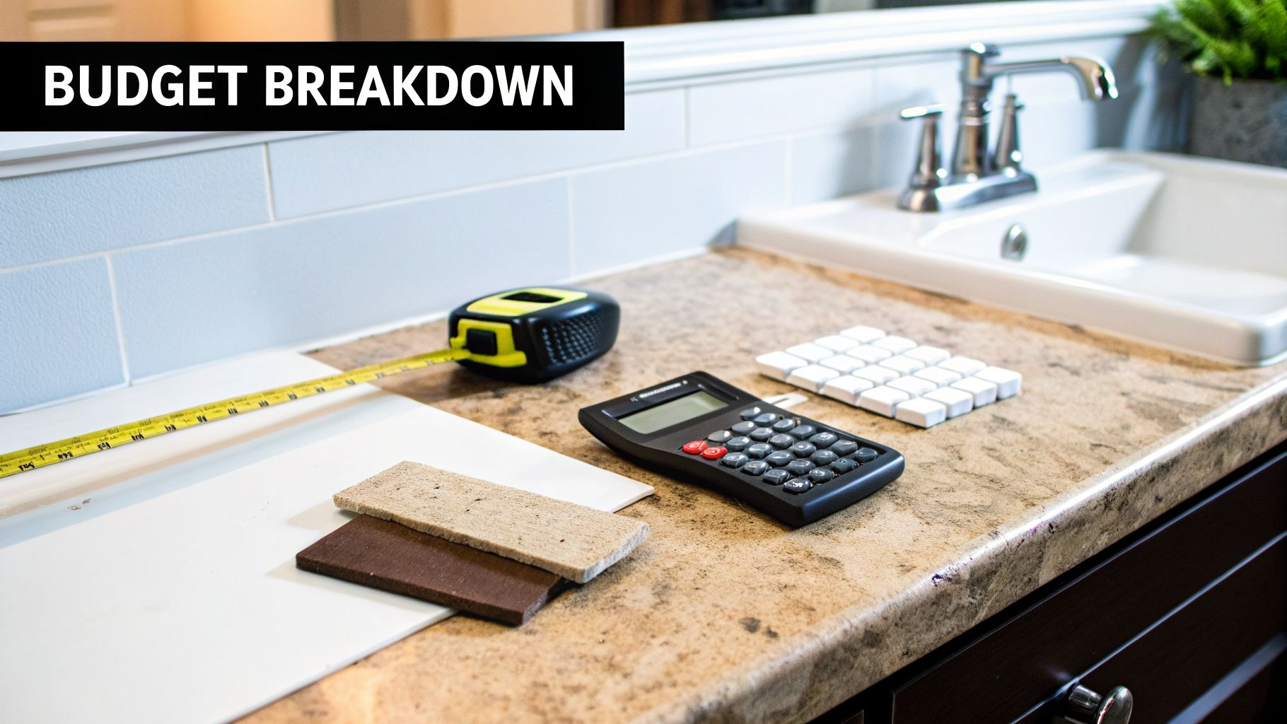 A tape measure, calculator, and material samples on a countertop for a bathroom renovation budget.