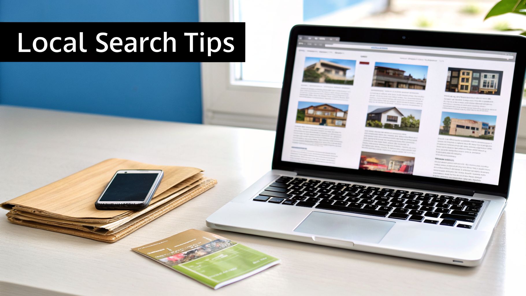 Laptop displaying real estate listings, a smartphone, papers, and a 'Local Search Tips' banner on a desk.