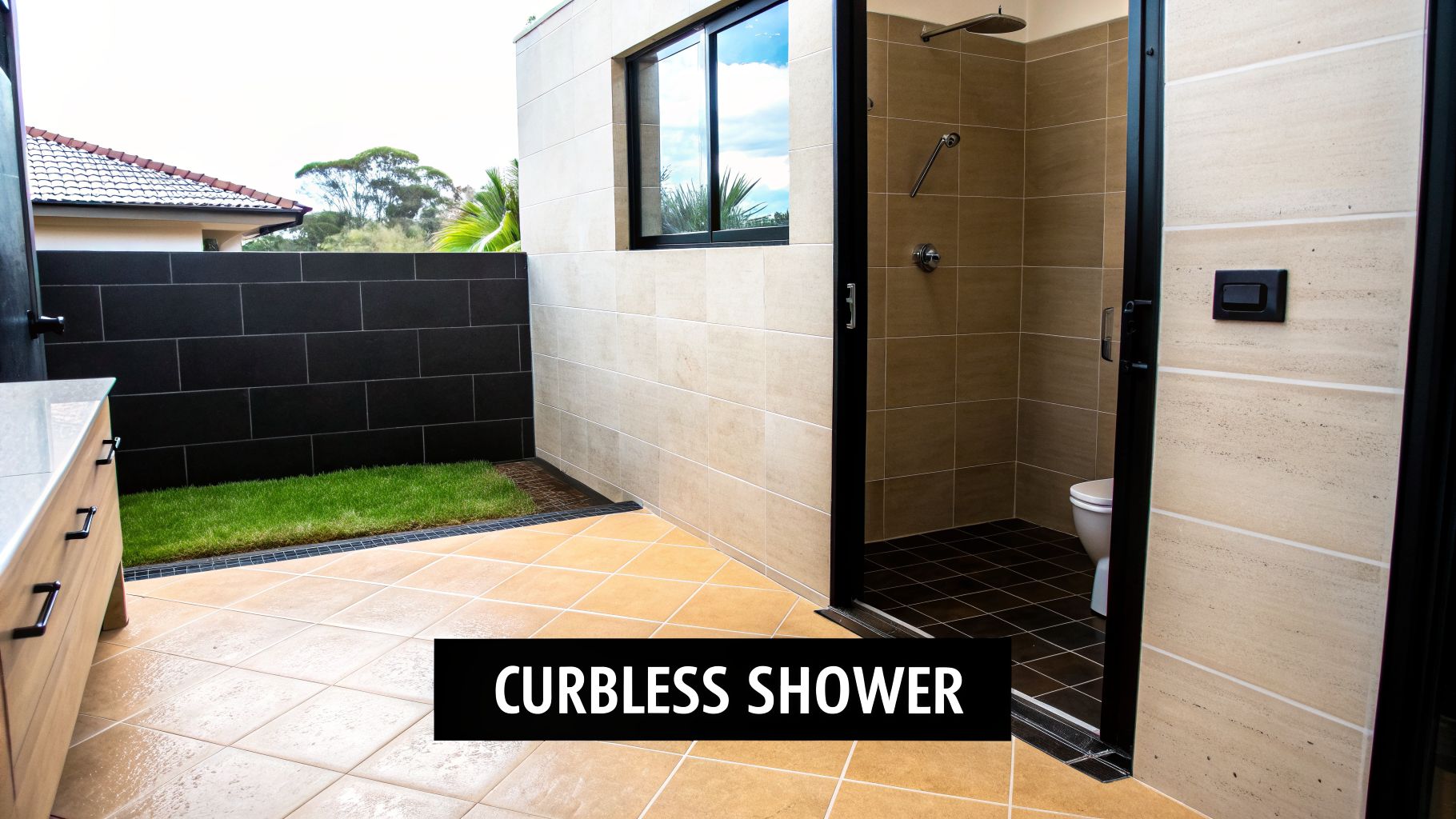 A modern outdoor bathroom featuring a spacious curb-less shower, tiled walls, and a small patch of grass.