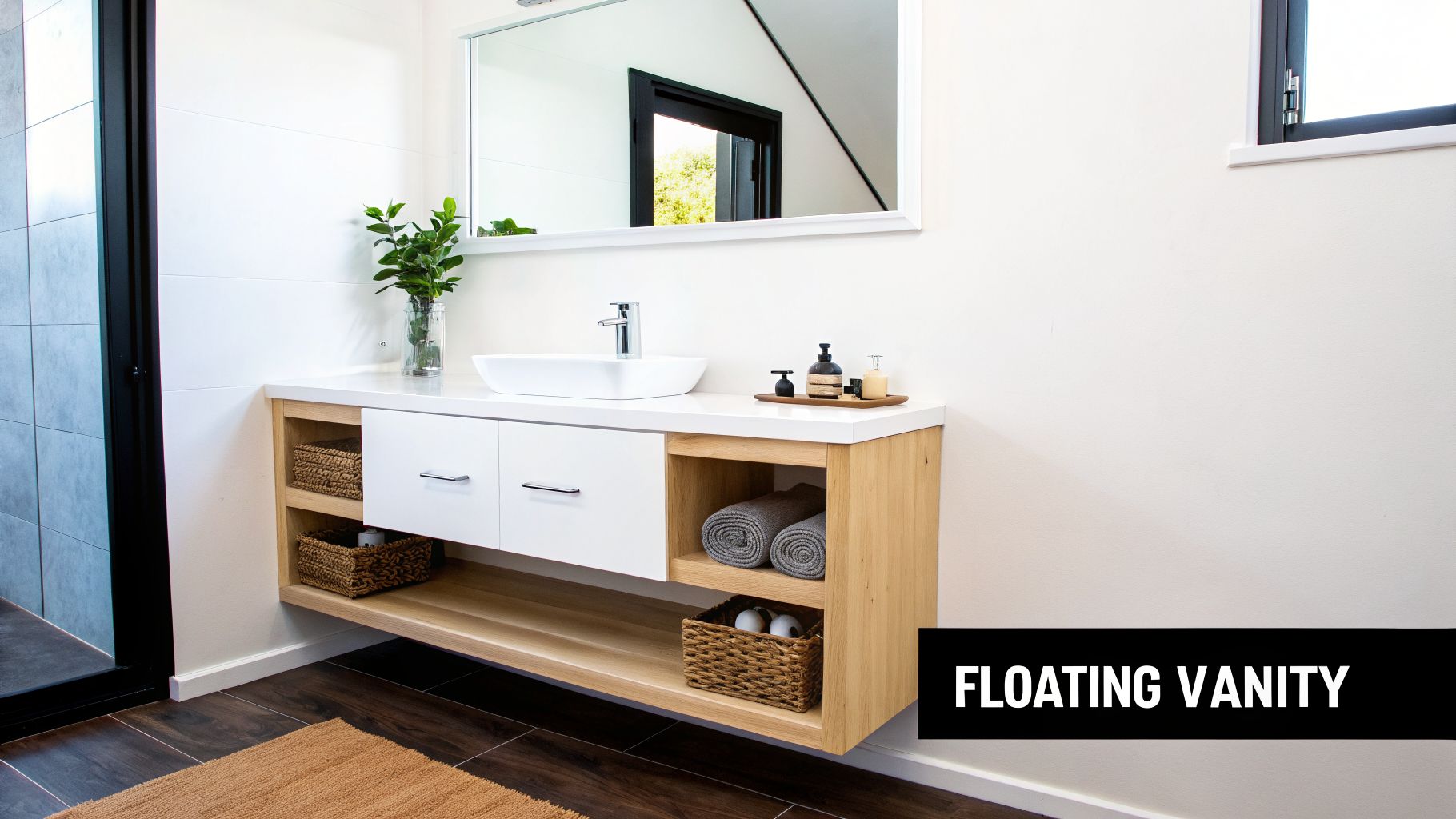 A contemporary bathroom with a light wood floating vanity, white countertop, vessel sink, and large mirror.