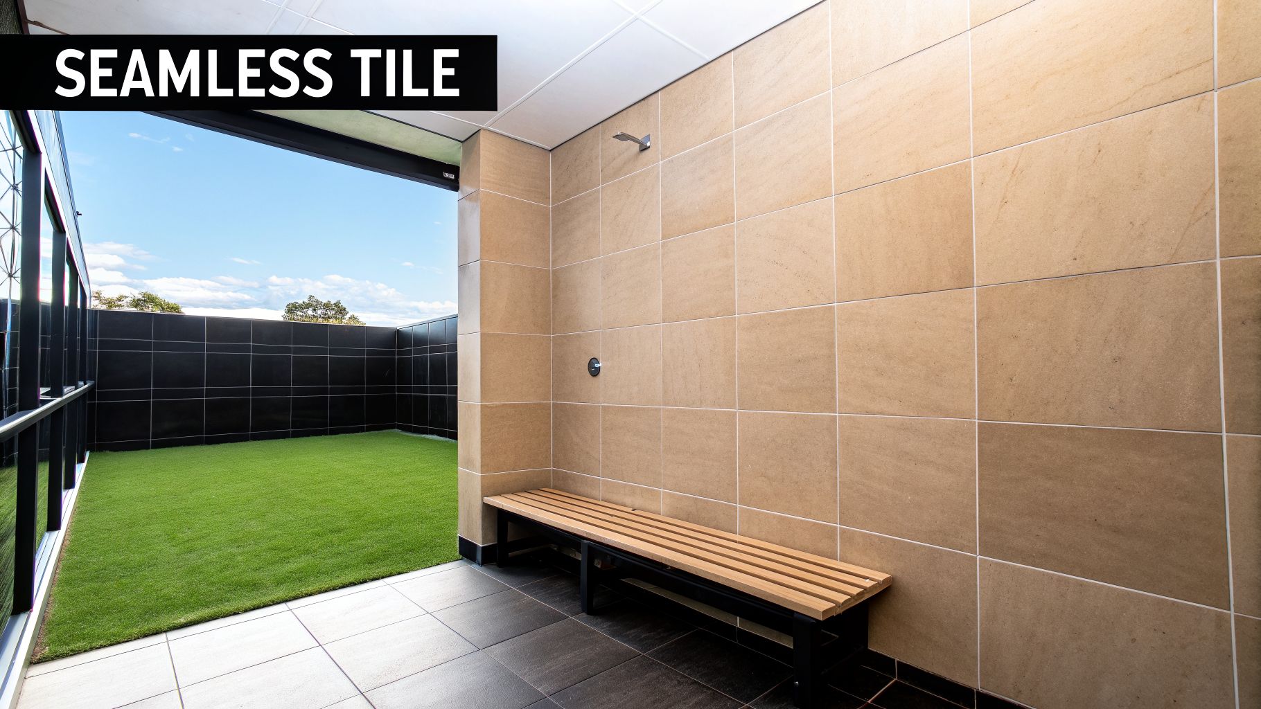 An outdoor shower area with light brown seamless tiles, a wooden bench, and an artificial grass lawn.
