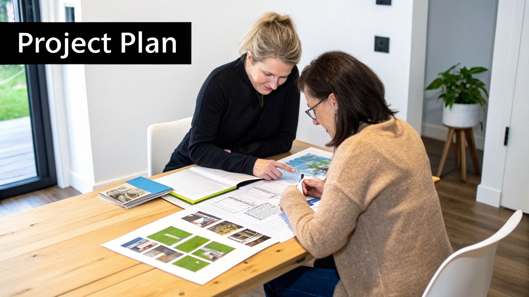 Two women collaborate on a project plan, discussing documents and diagrams at a wooden table.