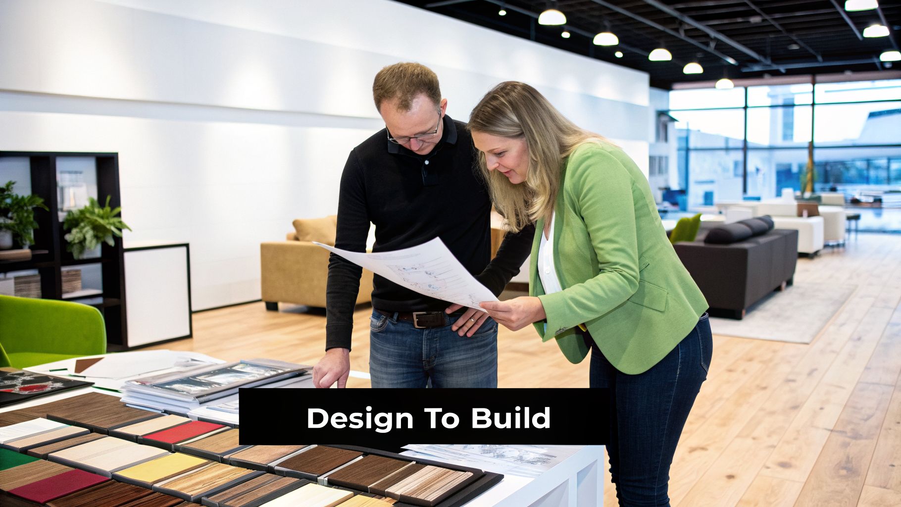 A man and a woman reviewing design plans and material samples in a modern showroom.