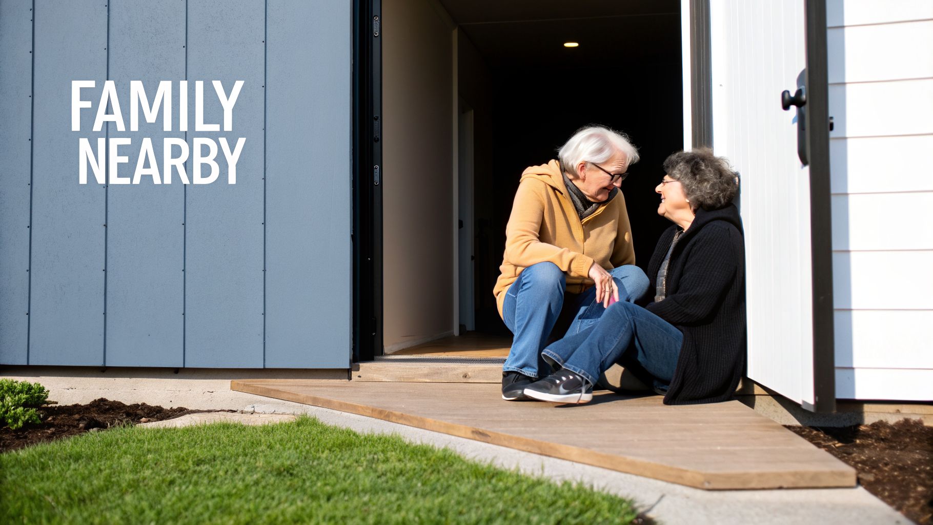 Two smiling senior women sit on a modern home's porch, engaging in friendly conversation, with 'FAMILY NEARBY' text.
