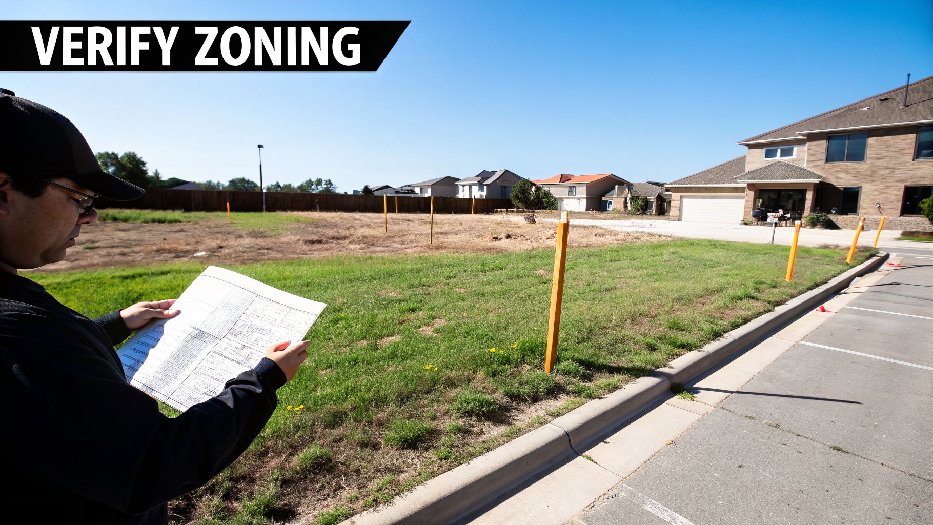 A person reviews site plans on a vacant lot marked with posts, verifying zoning.