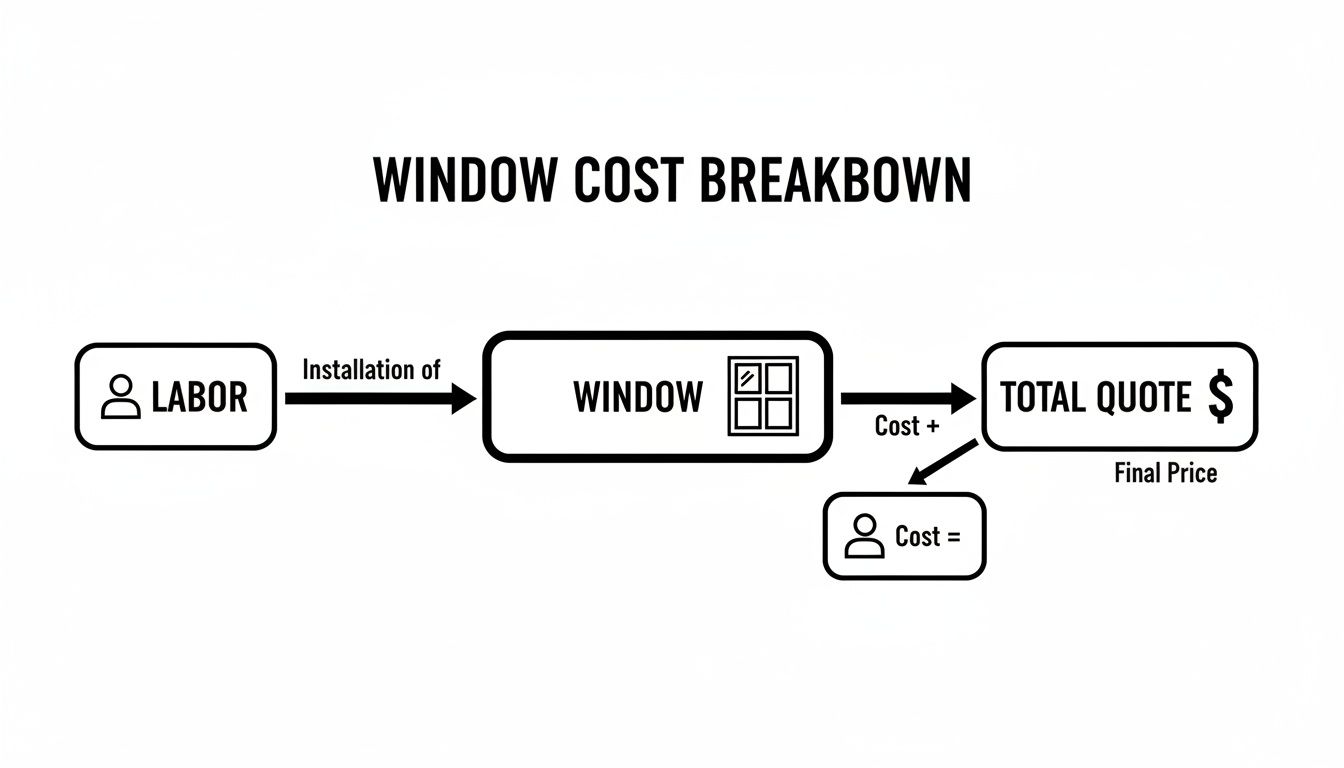 Flowchart illustrating window cost breakdown, showing labor for installation, window cost, and additional expenses for the total quote.