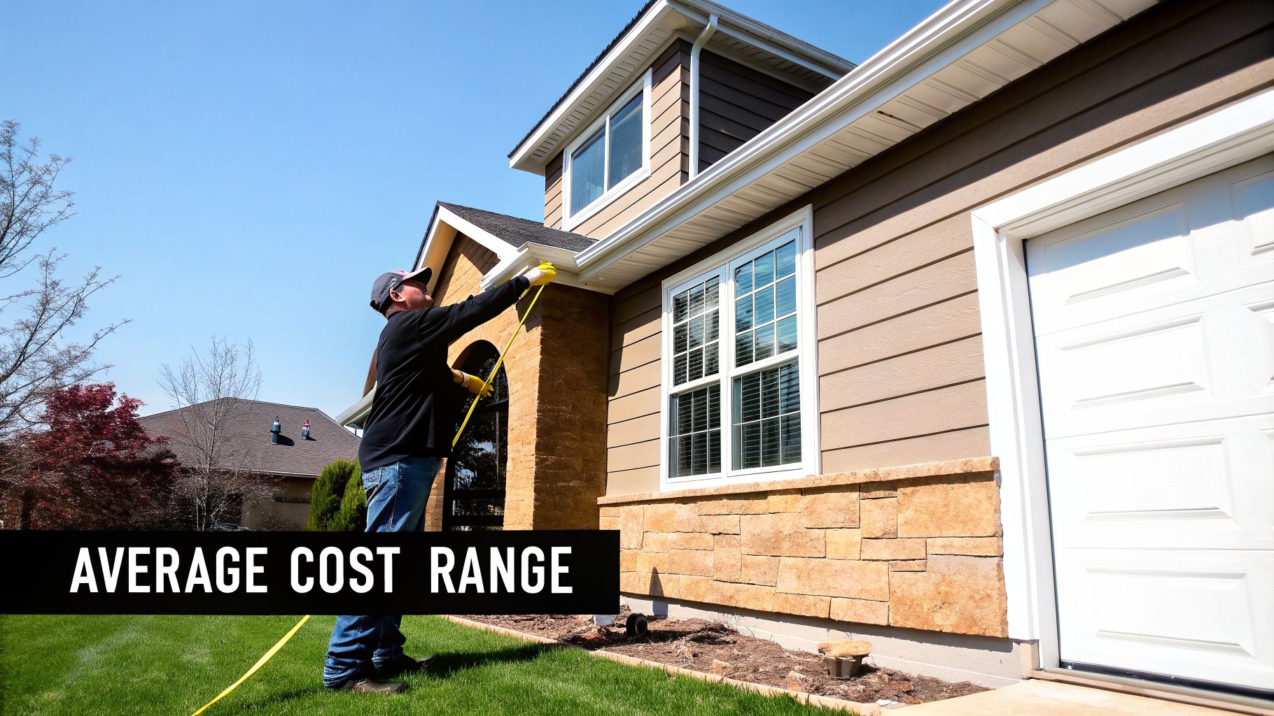 Worker using a yellow tape measure to gauge the dimensions of a home's exterior.