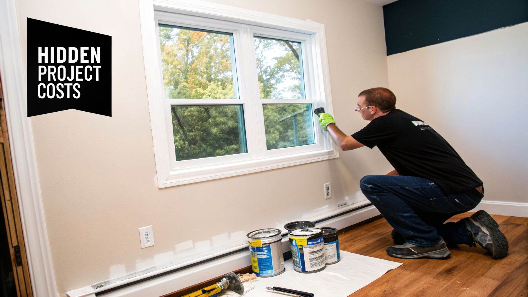 A man wearing glasses and green gloves paints white window trim in a room.