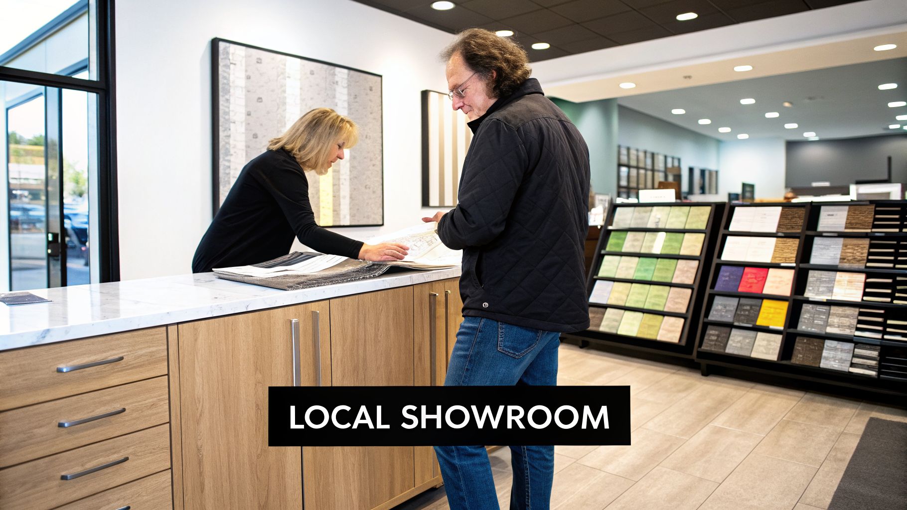 A man and woman review design samples at a counter in a modern home design showroom.
