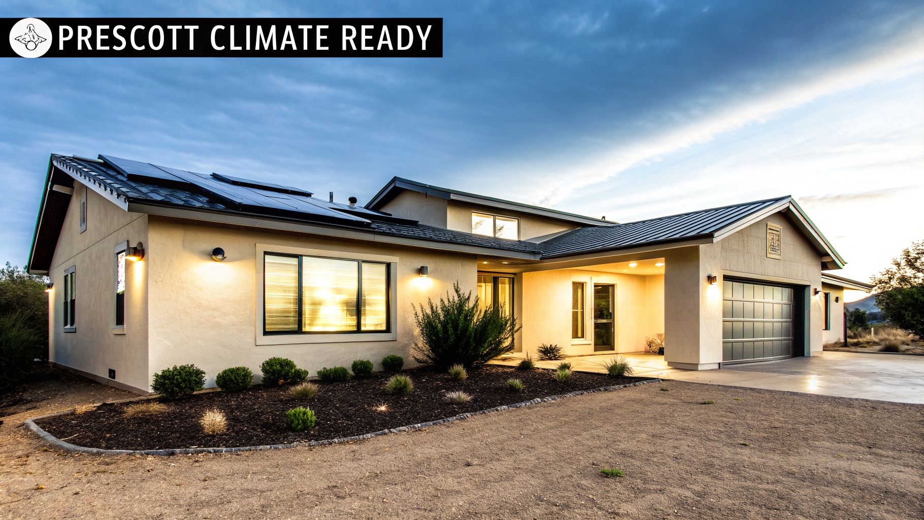 A modern, light-colored house with solar panels, outdoor lights on, and a large garage under a cloudy sky.