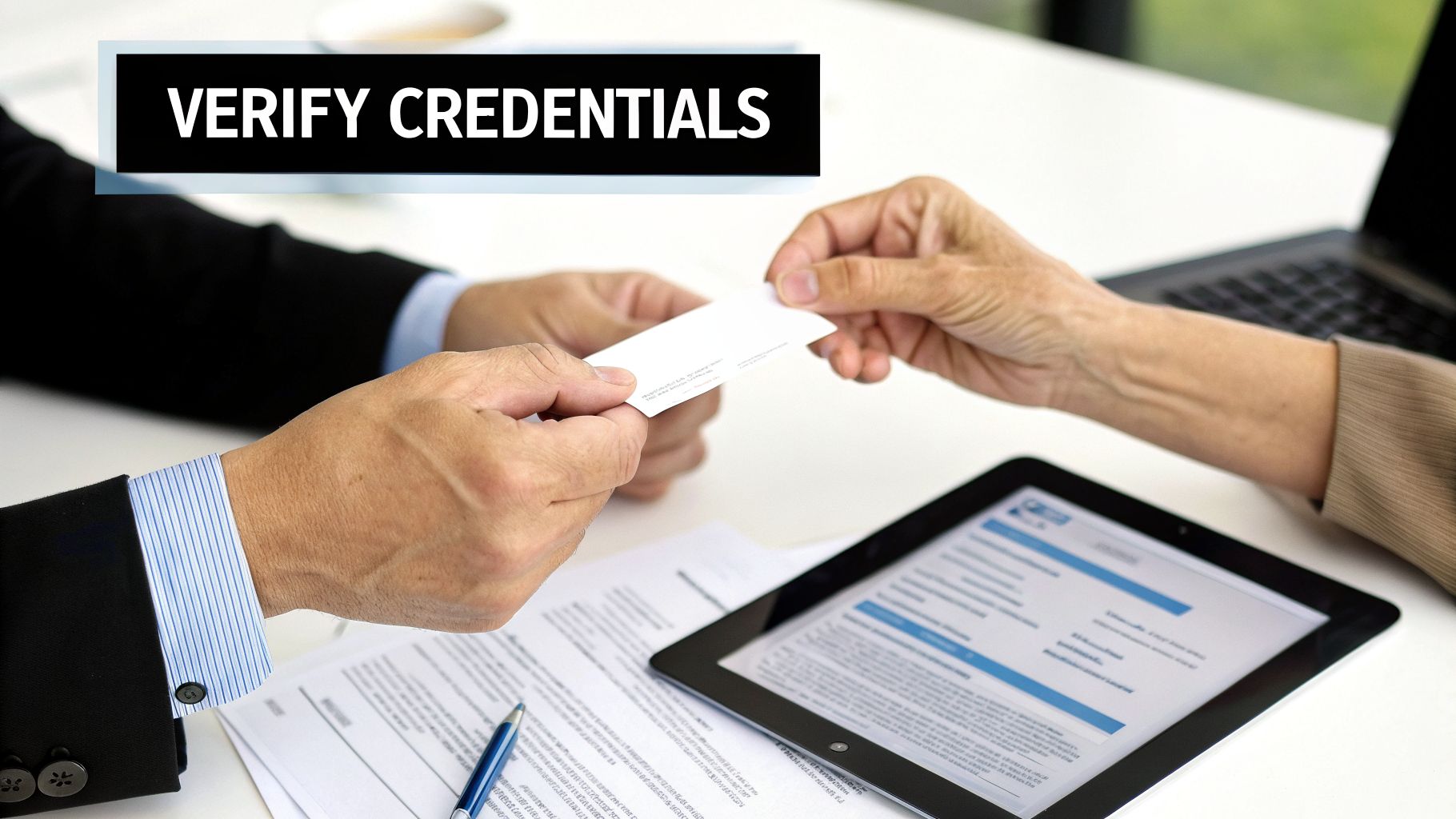Two people exchanging a business card during a meeting, with text 'VERIFY CREDENTIALS' overlay.