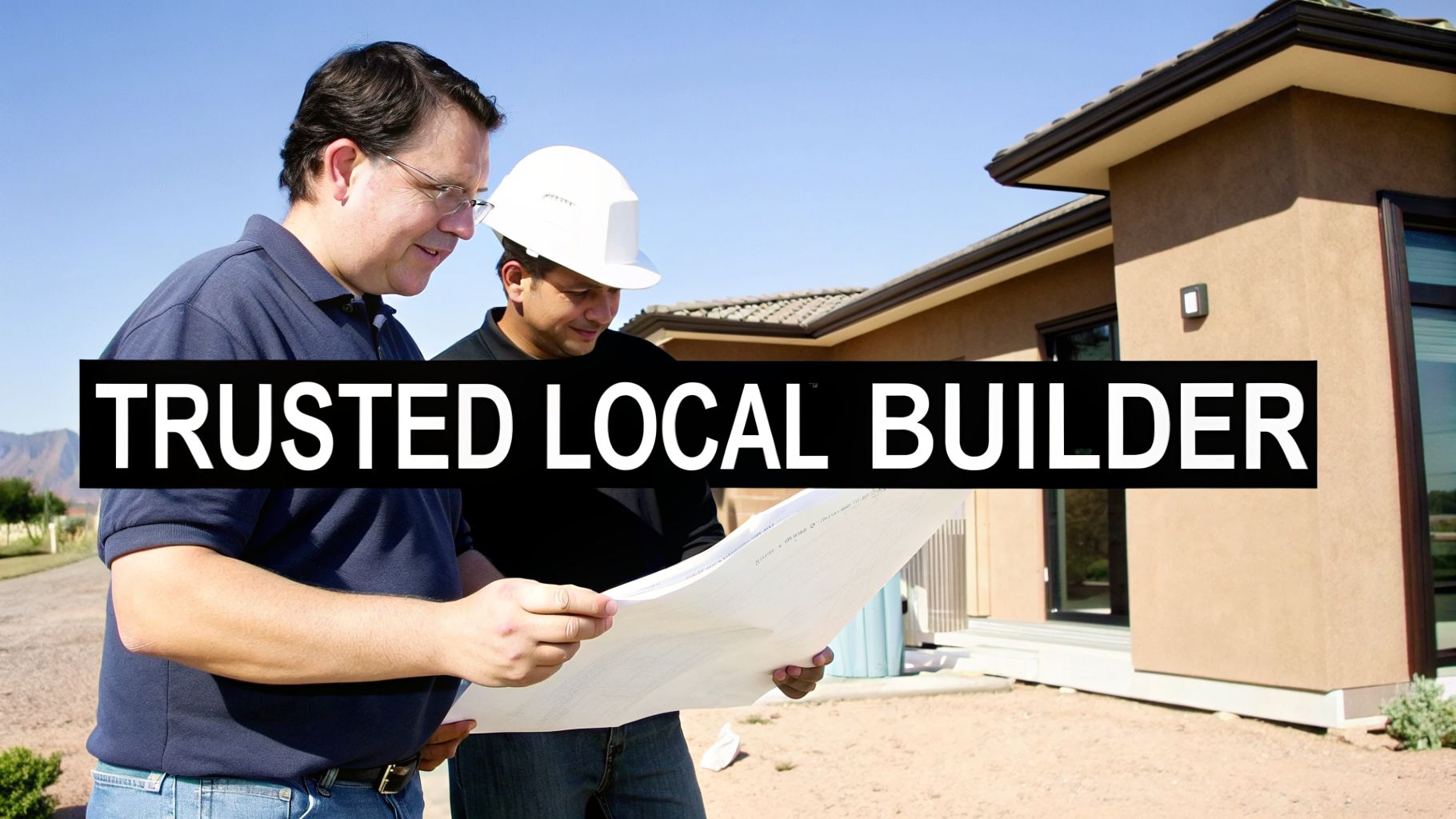 Two experienced builders review construction plans outside a modern home, representing a trusted local building service.