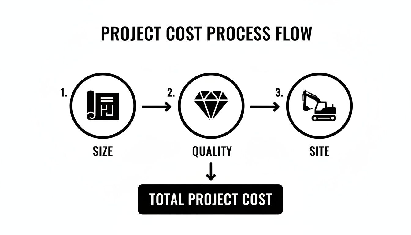 Flowchart illustrating the project cost process, showing size, quality, and site as factors impacting total project cost.