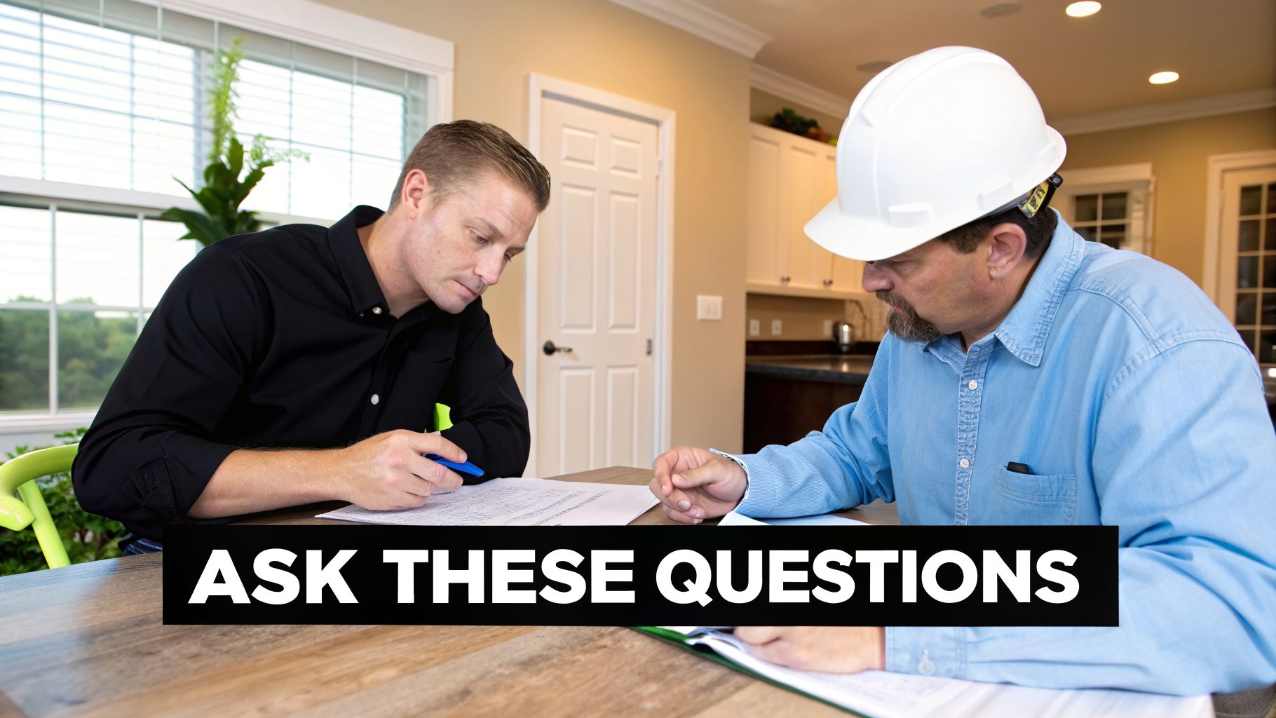 Two men, one in a hard hat, discuss documents at a table, with text 'ASK THESE QUESTIONS'.