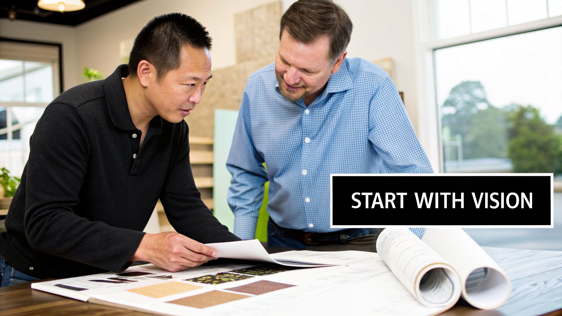 Two men collaborating on a design project, reviewing materials and blueprints at a table.
