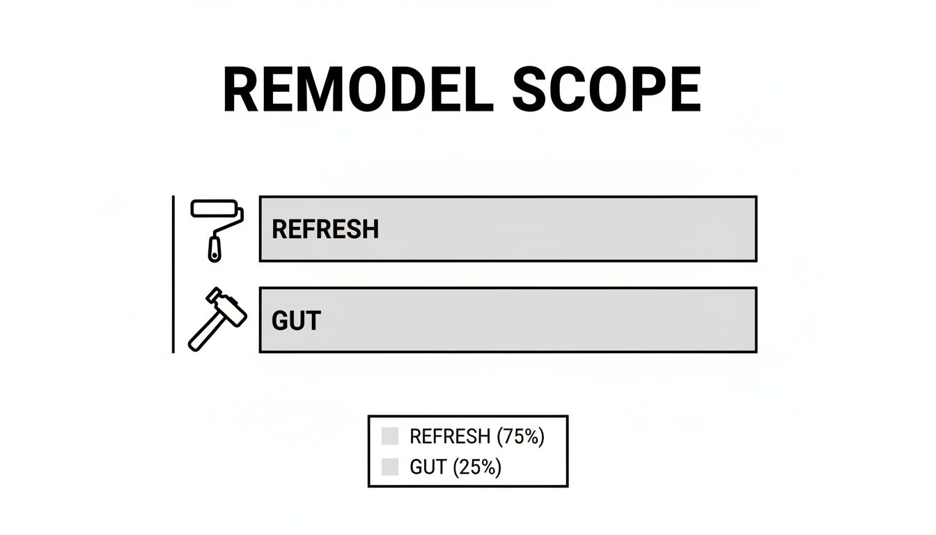 Remodel scope diagram illustrating refresh (paint roller) and gut (hammer) options, indicating 75% refresh, 25% gut.