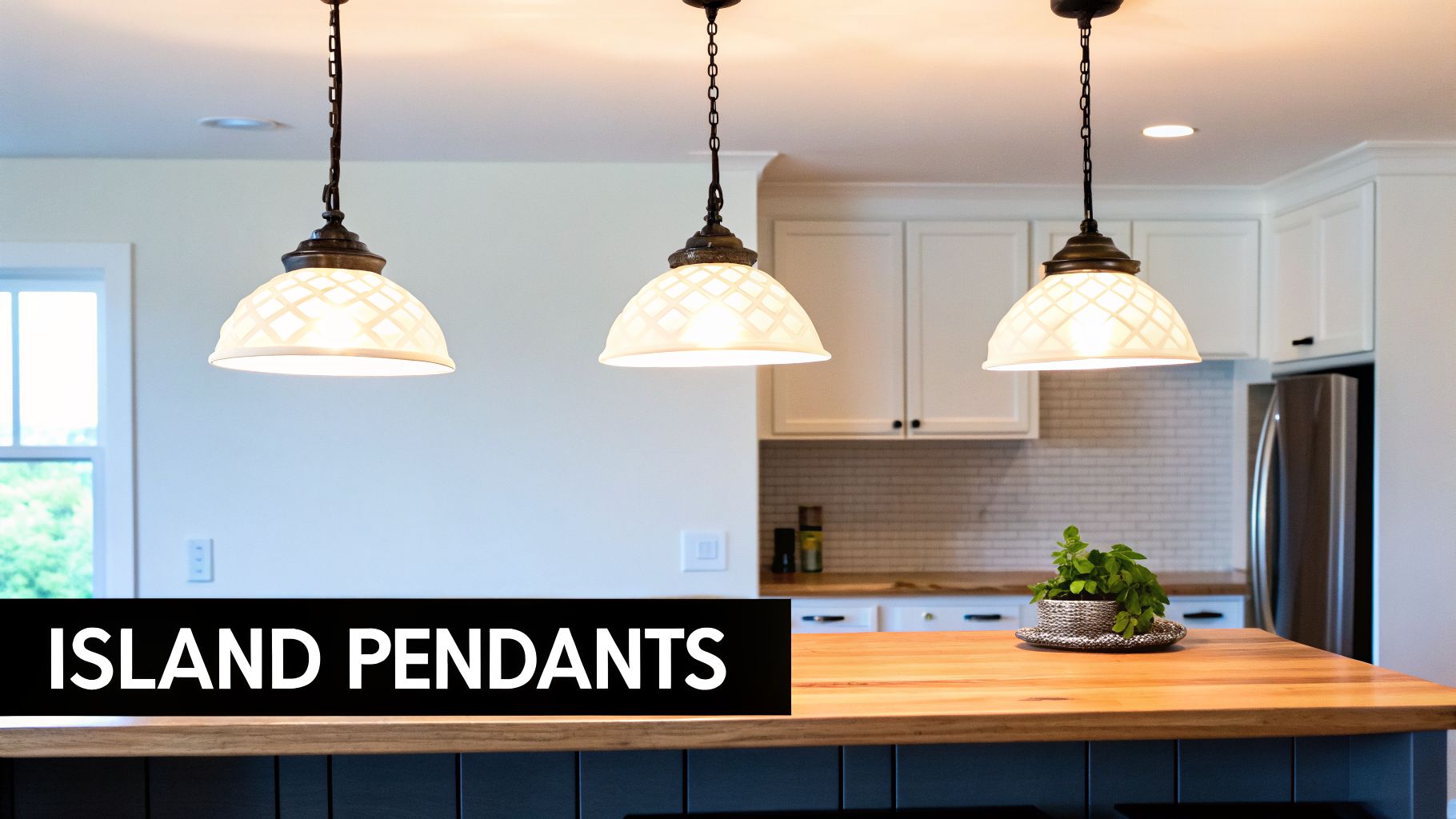 Three elegant pendant lights illuminate a modern kitchen island with white cabinets and wooden countertop.