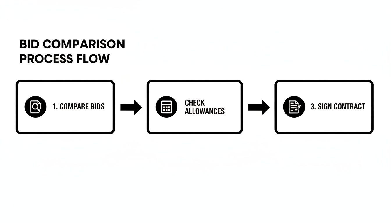 A three-step bid comparison process flow including comparing bids, checking allowances, and signing a contract.
