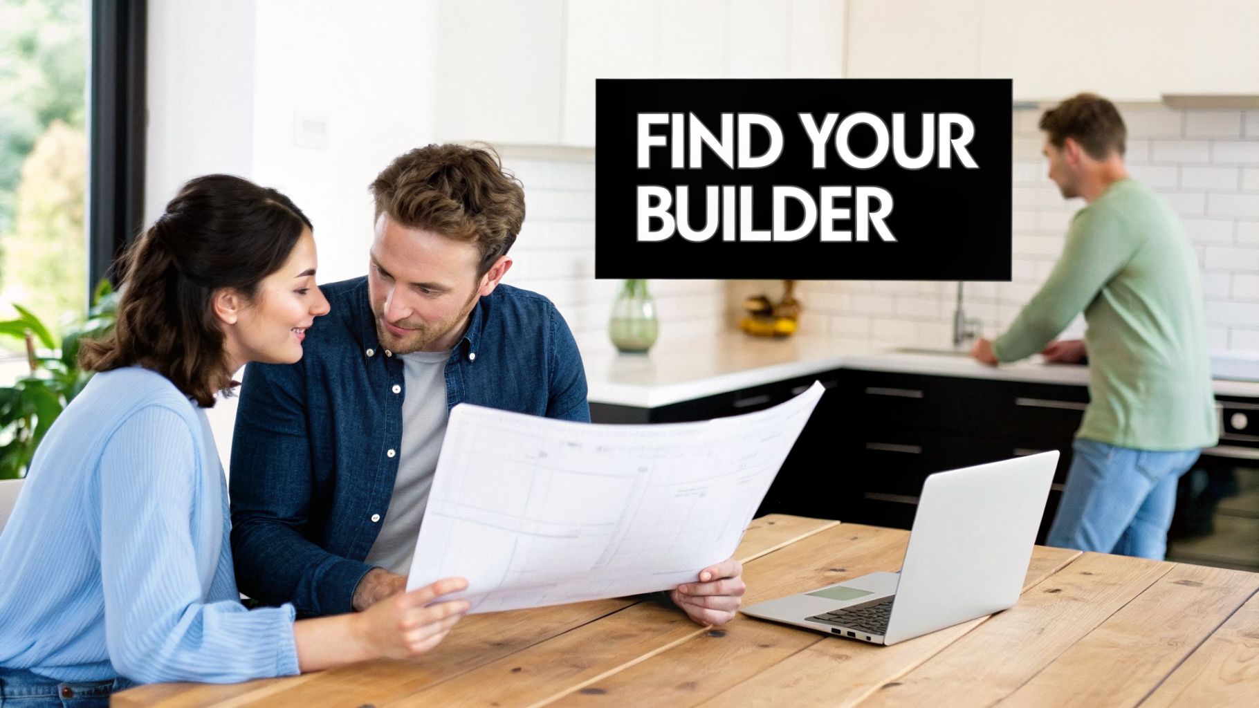 A couple happily reviews building plans on a wooden table with a laptop, next to 'FIND YOUR BUILDER' text.