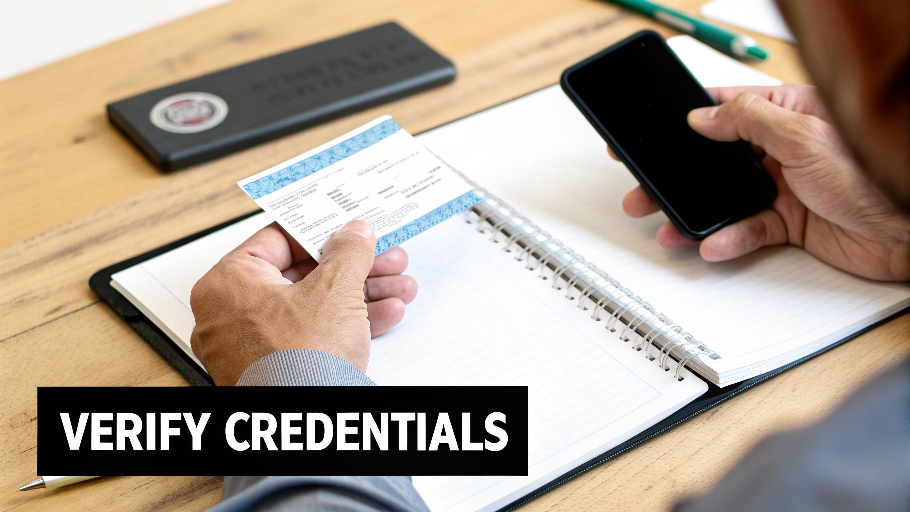 A person verifies credentials on a small card, holding a smartphone over an open notebook on a wooden desk.