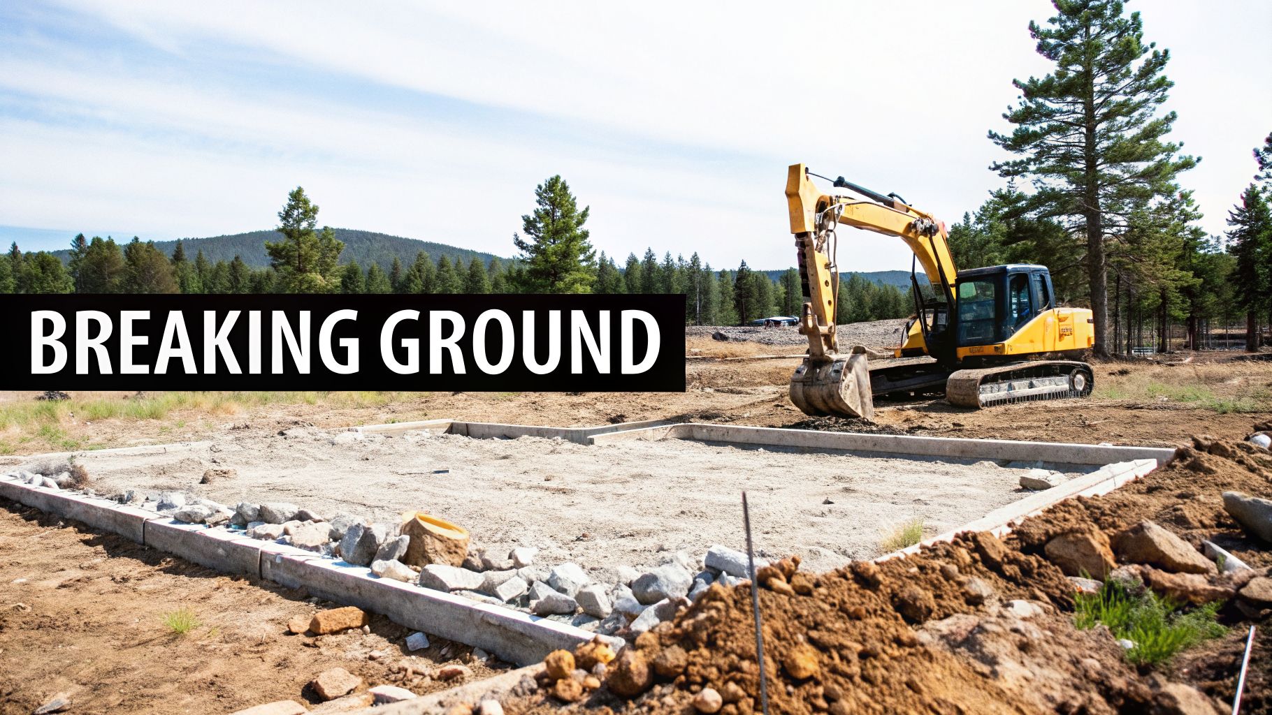 A yellow excavator on a new home construction site with a concrete foundation laid and trees in the background.