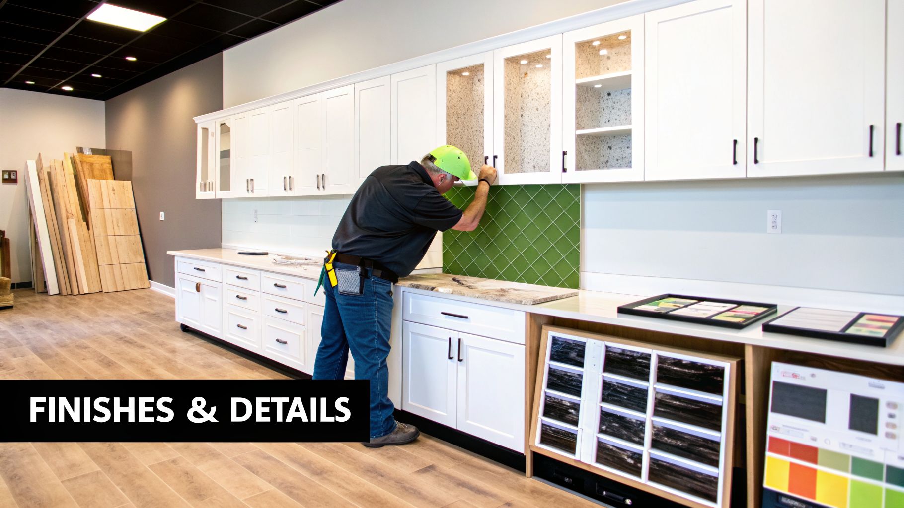 A man installing cabinet hardware in a kitchen showroom with white cabinets, green backsplash, and material samples.