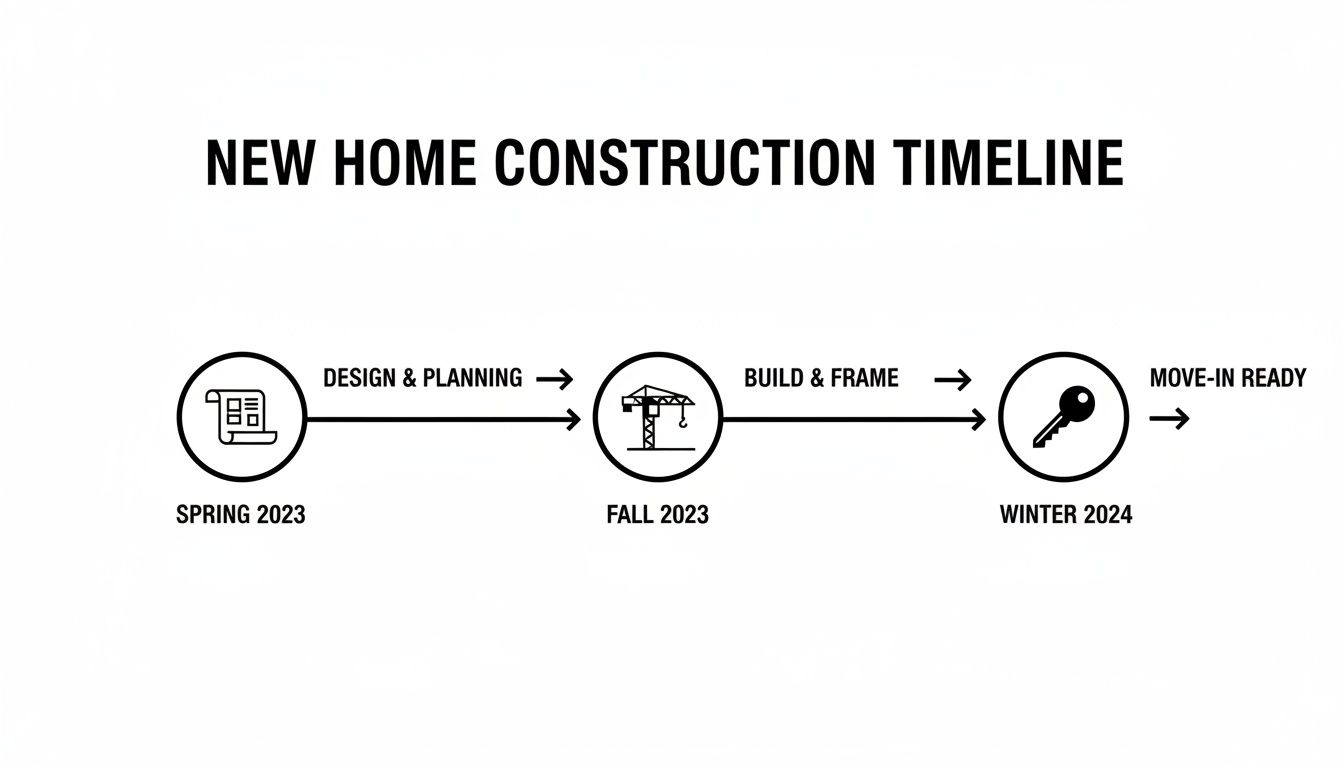 A new home construction timeline showing design, build, and move-in phases across Spring 2023 to Winter 2024.