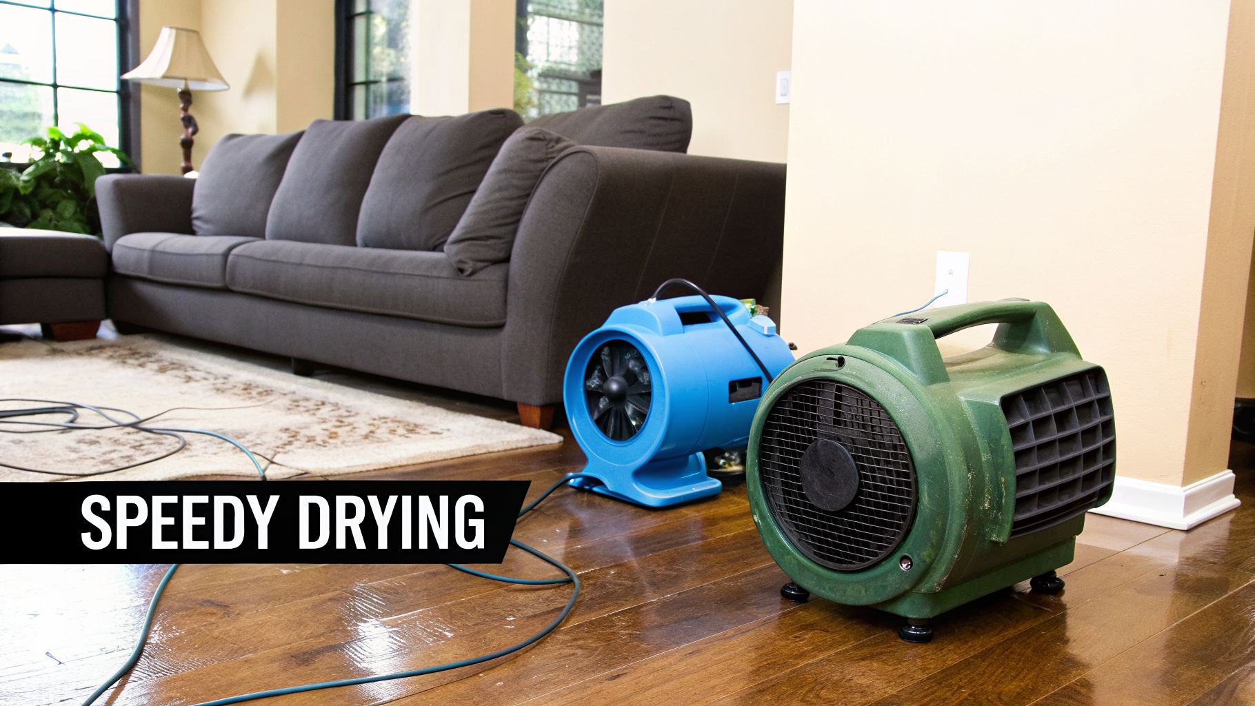 Industrial fans are actively drying a wet wooden floor in a living room after water damage.