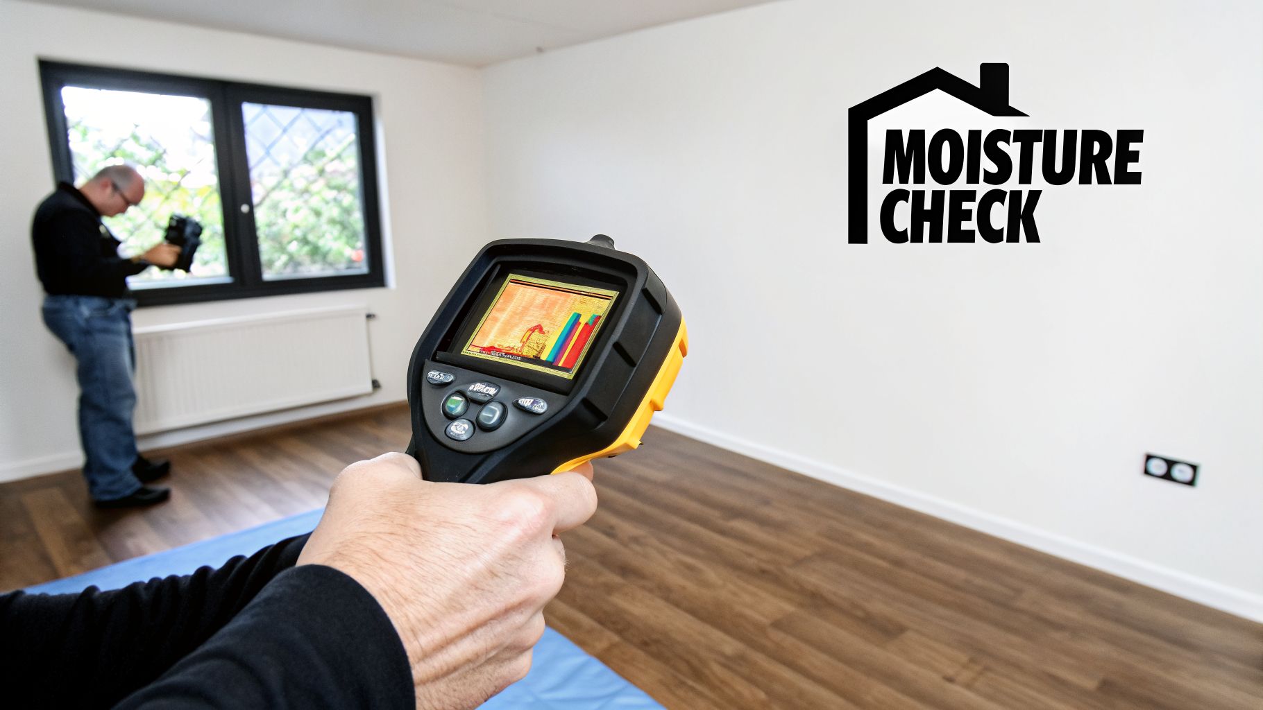 A technician uses a thermal camera to detect moisture during a home inspection.