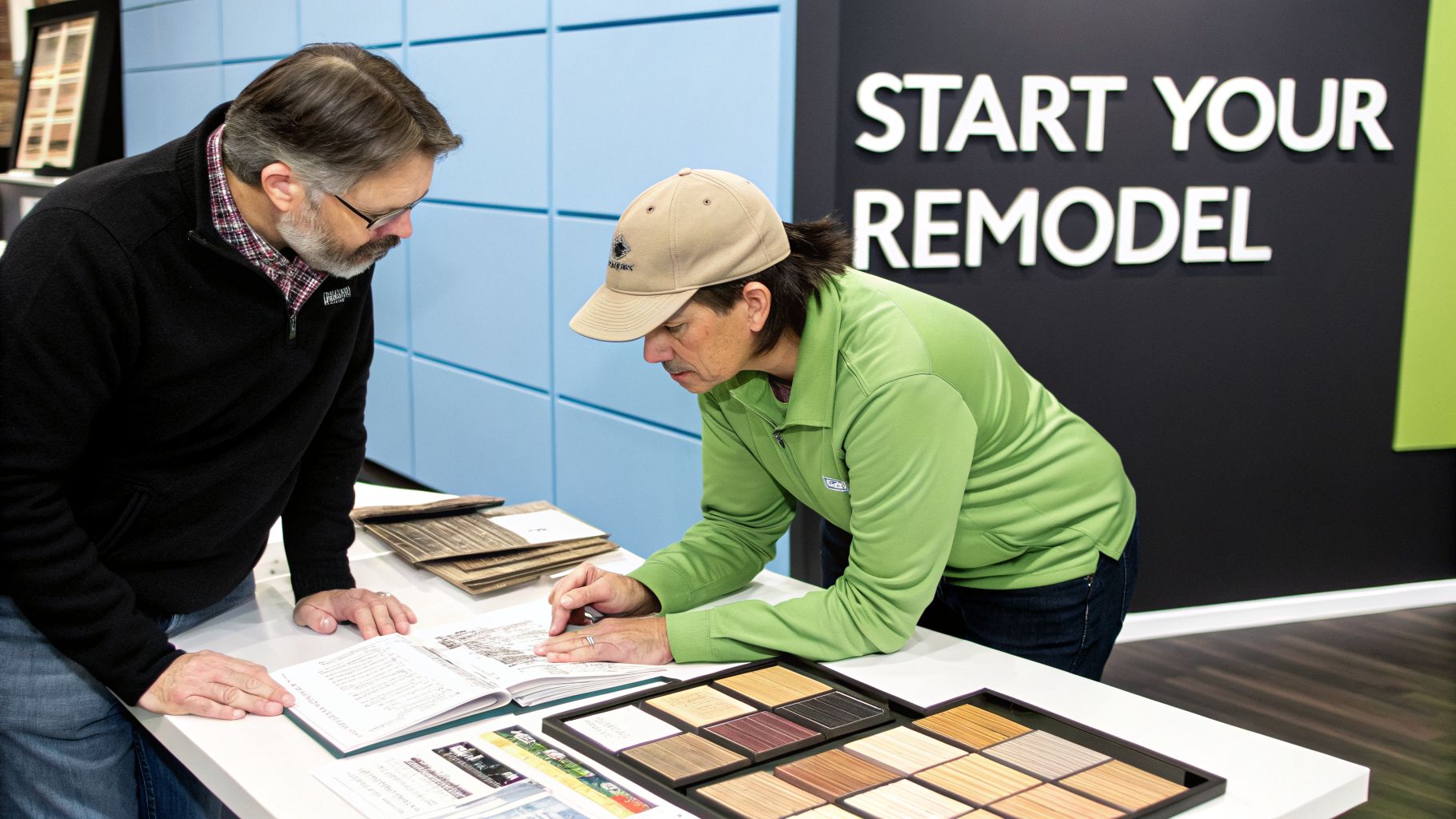 Two men discussing home renovation options with material samples and a book at a design center.
